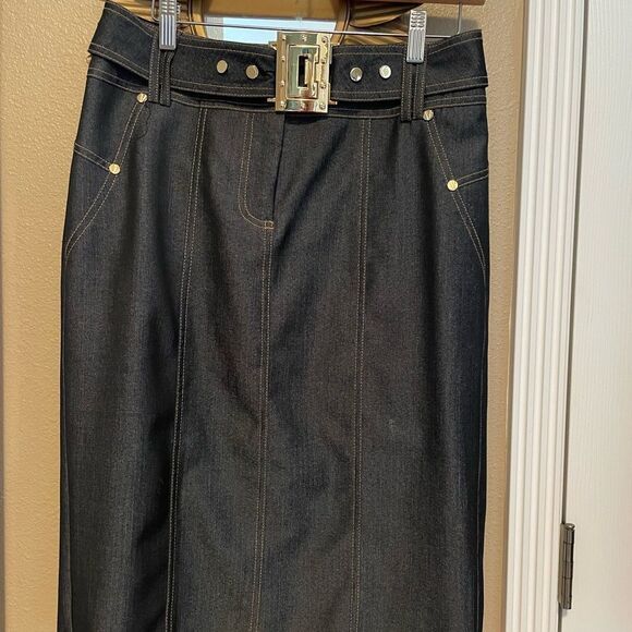 Cache Contour Collection Women’s Gold Buckle Gold Accents Pencil Skirt Size 10 - Picture 2 of 16